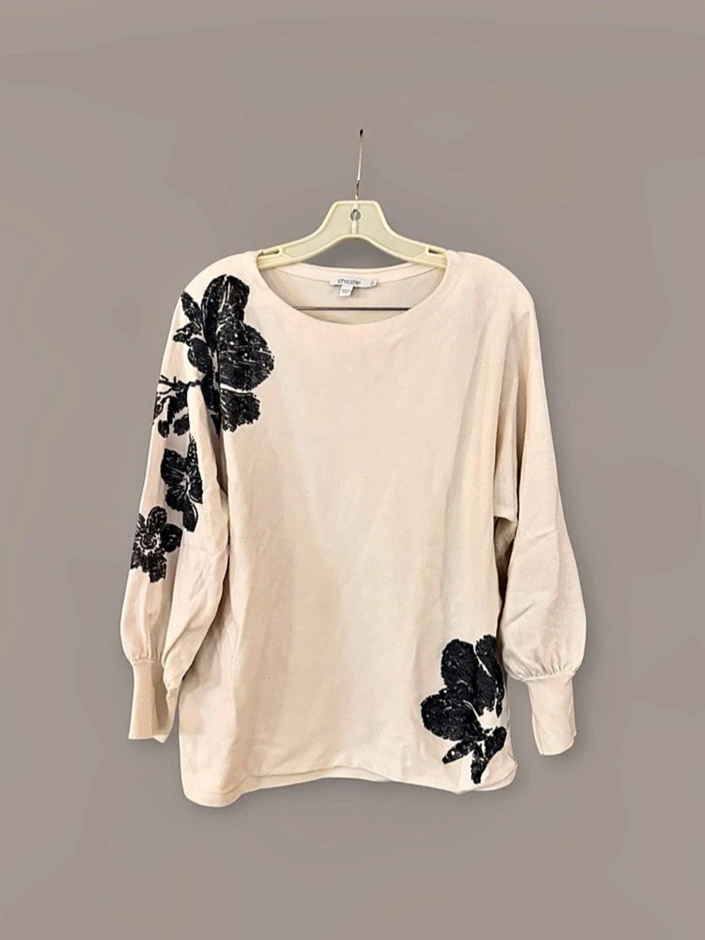 Chico's Floral Sequin Dolman Sleeve Sweater Cream & Black Large